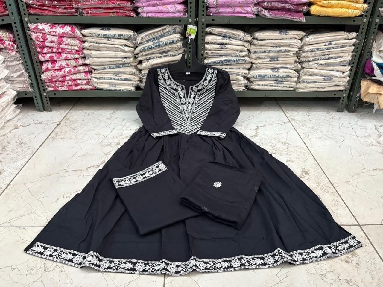 cotton designer embroidered Anarkali 3-piece set